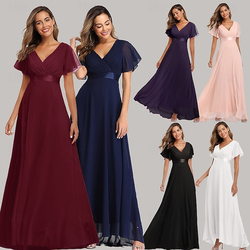 A-Line Ruched Wedding Guest Dress Beach Wedding Elegant Formal Black Tie For Bridesmaid Floor Length Short Sleeve V Neck Chiffon V Back with Ruffles  dress to impress2