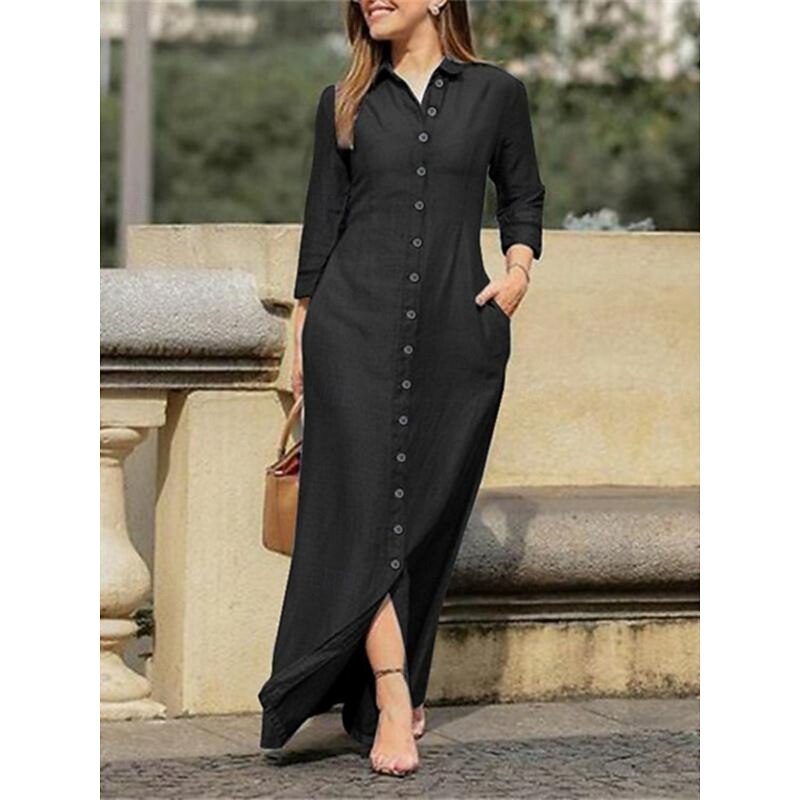 Women's Maxi Dress Shift Dress Casual Daily Regular Fit Plain Long Sleeve Lapel Black Navy Blue Blue Summer Spring Fall3
