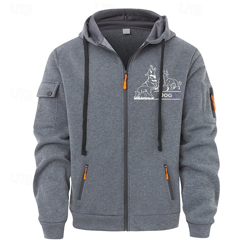 Men's Hoodie Full Zip Hoodie Black Wine Navy Blue Dark Gray Hooded Animal Pocket Sports & Outdoor Daily Holiday Polyester Streetwear Basic Casual Spring Fall Clothing Apparel Hoodies Sweatshirts - Main Image