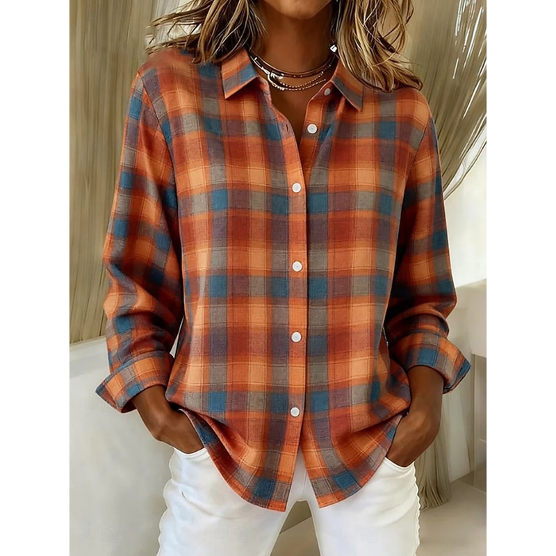 Women's Shirt Blouse Graphic Geometric Plaid Casual Long Sleeve Shirt Collar Regular Tops Daily Patchwork Buttons Print Yellow Blue Orange Khaki Fall Winter2