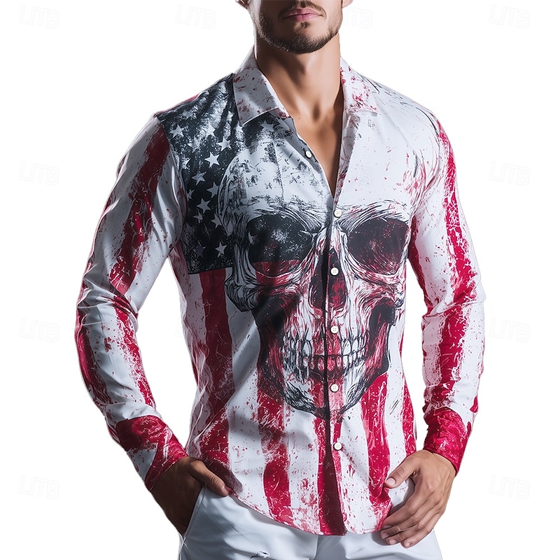 Halloween Men's Skull American US Flag Shirt Button Up Shirt Long Sleeve Vintage Retro Outdoor Casual Holiday Spring Fall Turndown 3D Print Collared Shirts White 1 White