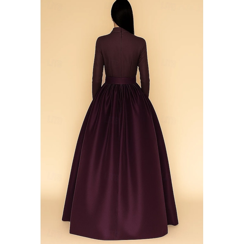 Shirtdress Gown Evening Gown Elegant Formal Dress Formal Wedding Floor Length Long Sleeve High Neck Pocket Satin with Bow(s) 20252