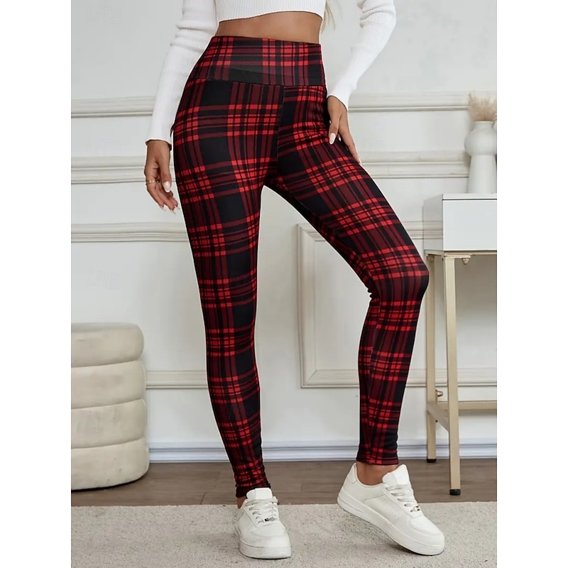 Women's Fleece Pants Chinos Leggings Fashion Streetwear Basic Full Length High Waist Plaid Printing Comfy Soft Comfortable High Elasticity Outdoor Street Red Gray Spring Fall Winter Regular Fit4
