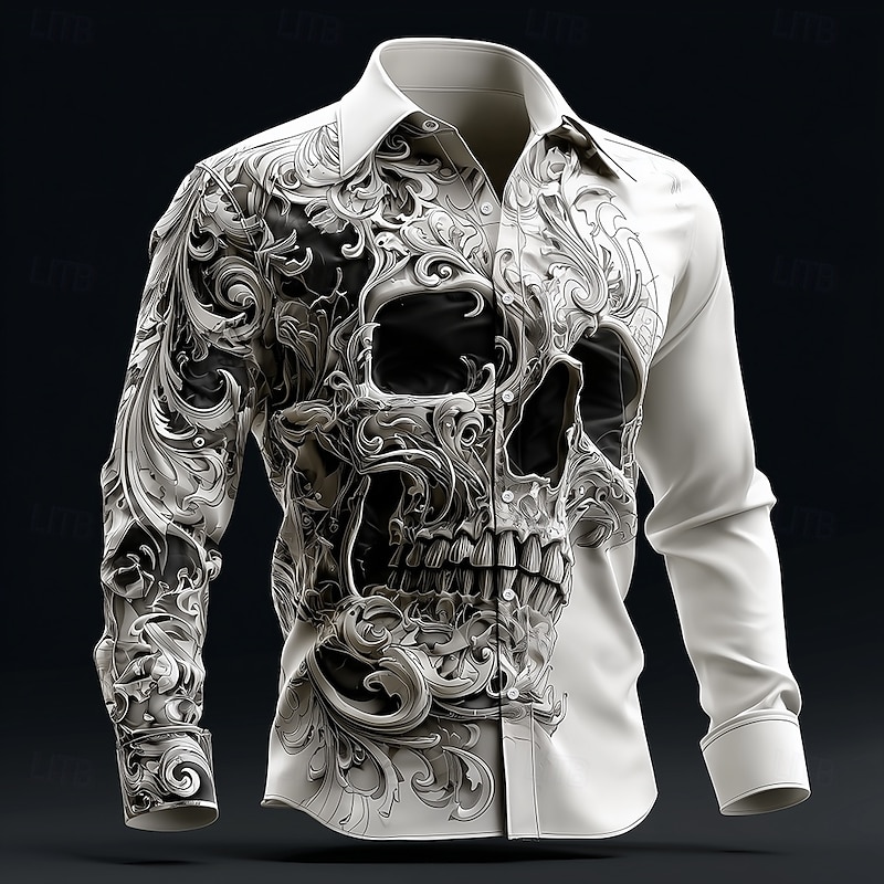 Halloween Men's Skull Intricate Floral Shirt Button Up Shirt Long Sleeve Dark Gothic Style Outdoor Holiday Spring Fall Turndown 3D Print Collared Shirts White+Black White3