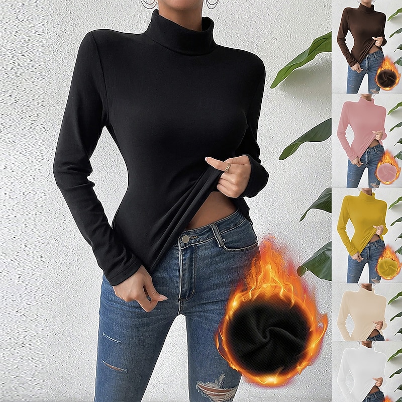 Women's Blouse Solid Color Stylish Basic Casual Long Sleeve Turtleneck Regular Tops Daily Black White Yellow Pink Brown Spring Fall Winter