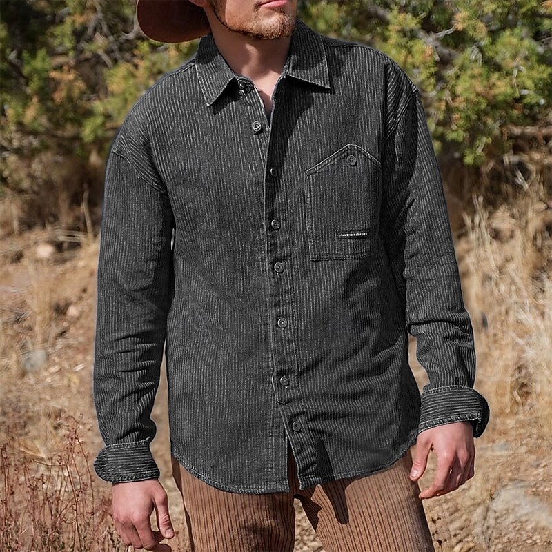 Men's Shirt Casual Shirt Button Up Shirt Denim Shirt Black Blue Long Sleeve Stripe Lapel Vacation Hawaiian Pocket Clothing Apparel Polyester Fashion Casual Comfortable4
