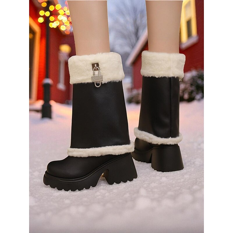 Women's Faux Leather Knee High Winter Boots with Faux Fur Trim and Block Heel - Warm Fashion Snow Boots for Ladies, Casual Streetwear, Outdoor & Holiday Outfits4