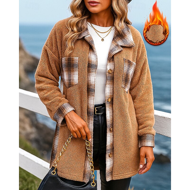 Women's Winter Coat Polar Fleece Jacket Buttons Long Sleeve Top Athleisure Plaid Checkered Windproof Warm Outdoor Travel Sports Sportswear Activewear Black White Red