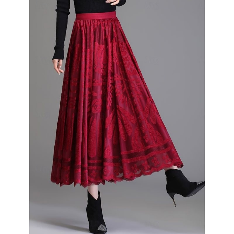 Women's Skirt A Line Elegant Fashion Maxi High Waist Skirts Floral Lace Pleated Stretchy Street Daily Black Red Green Coffee Spring Velvet3