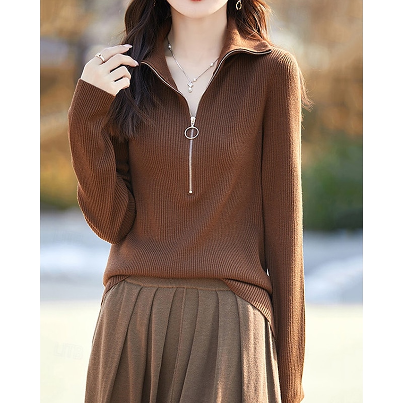 Women's Sweater Casual Soft Pure Color Ribbed Half Zip Knitted Long Sleeve Regular Tops Knit Outdoor Daily Weekend Light Brown Fall Winter4