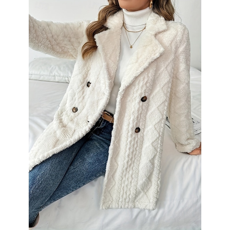 Women's Winter Coat Sherpa Jacket Comfortable Breathable Buttons Casual Plain Vacation Street Casual Daily Wear Double Breasted Regular Turndown Regular Fit Long Sleeve Outerwear Beige Spring Fall