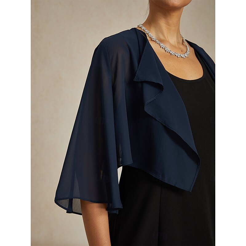 Women's Flowy Tops Chiffon Tops Solid Color Elegant 3/4 Length Sleeve Asymmetrical Crop Tops Wedding Guest Navy Blue Summer Spring Fall3