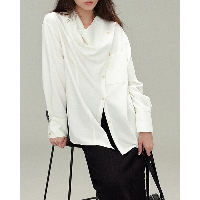 Women's Shirt Blouse Plain Elegant Vintage Long Sleeve Asymmetrical Regular Tops Holiday Going out Buttons White Gray Spring Fall2