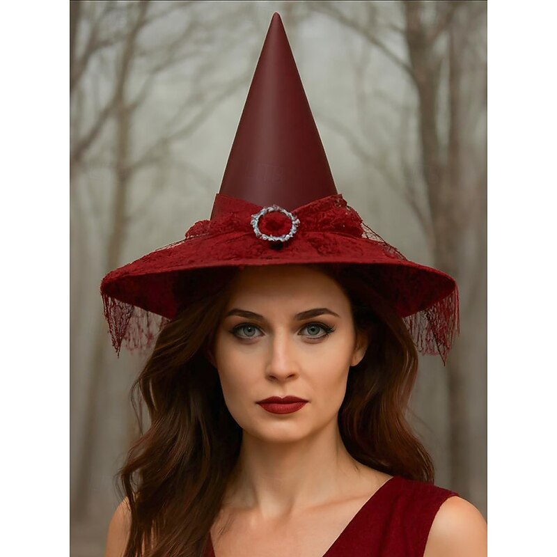 Women's Halloween Witch Hat – Gothic Pointed Hat with Lace and Rhinestone Buckle in Multiple Colors for Costume Party and Cosplay3