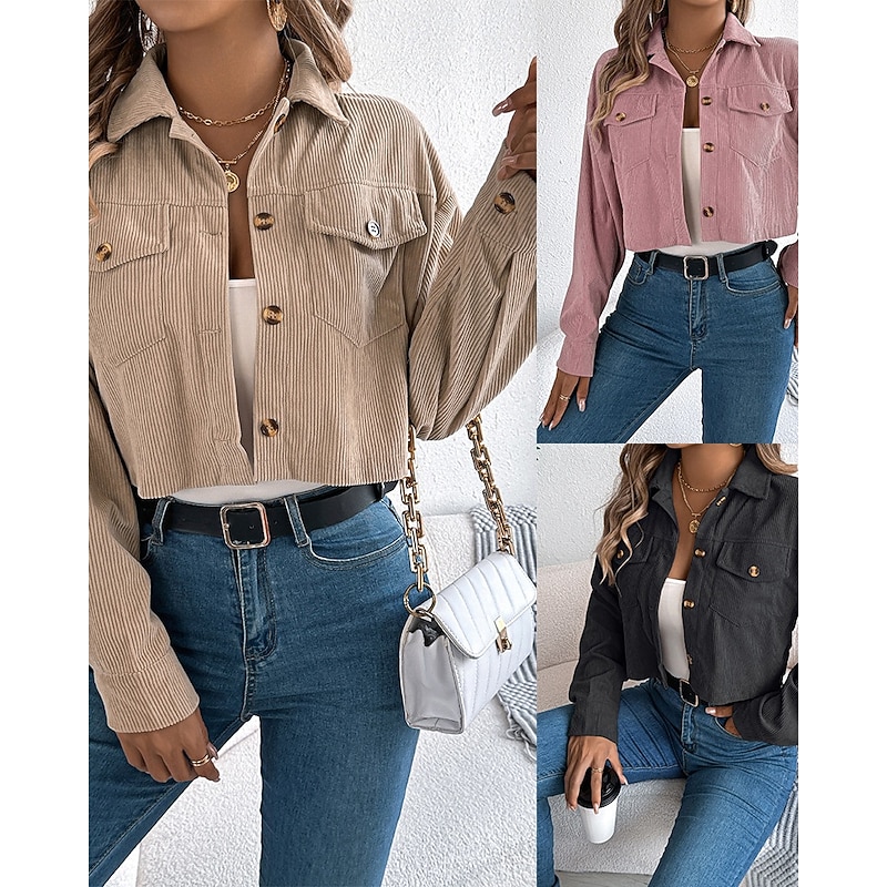 Women's Jacket Casual Jacket Comfortable Pocket Buttons Casual Plain Vacation Street Daily Wear Going out Short Turndown Regular Fit Long Sleeve Outerwear Black Pink Khaki Fall Winter