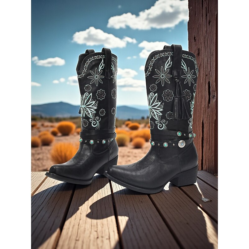 Women's Black Cowboy Boots with Floral Embroidery and Tassel Details -Bohemian Western Style with Studded Strap, Perfect for Casual Wear and Festivals3