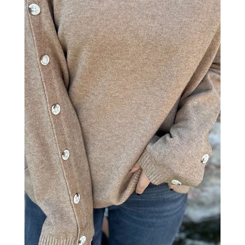 Women's Sweater Fashion Streetwear Casual Pure Color Ribbed Turtleneck Buttons Knitted Long Sleeve Regular Tops Knit Outdoor Daily Weekend Khaki Fall Winter3