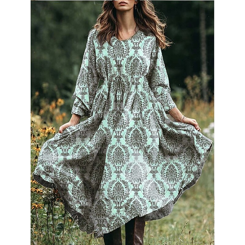 Women's Midi Dress A Line Dress Vacation Casual Boho Beach Loose Fit Floral Graphic Paisley Long Sleeve V Neck Pink Blue Purple Green Spring Fall Winter Autumn3