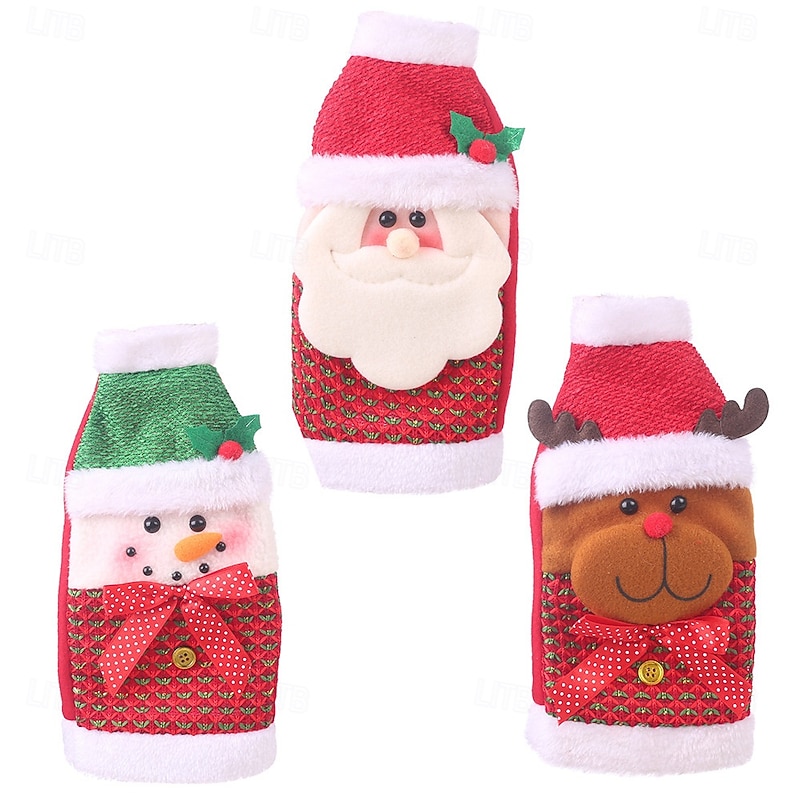 3 Pack Christmas Wine Bottle Covers, Creative Cartoon Santa, Snowman and Reindeer Wine Bags, Holiday Red Wine and Champagne Bottle Decorations, Xmas Table Accessories, Reusable Gift Wrapping4