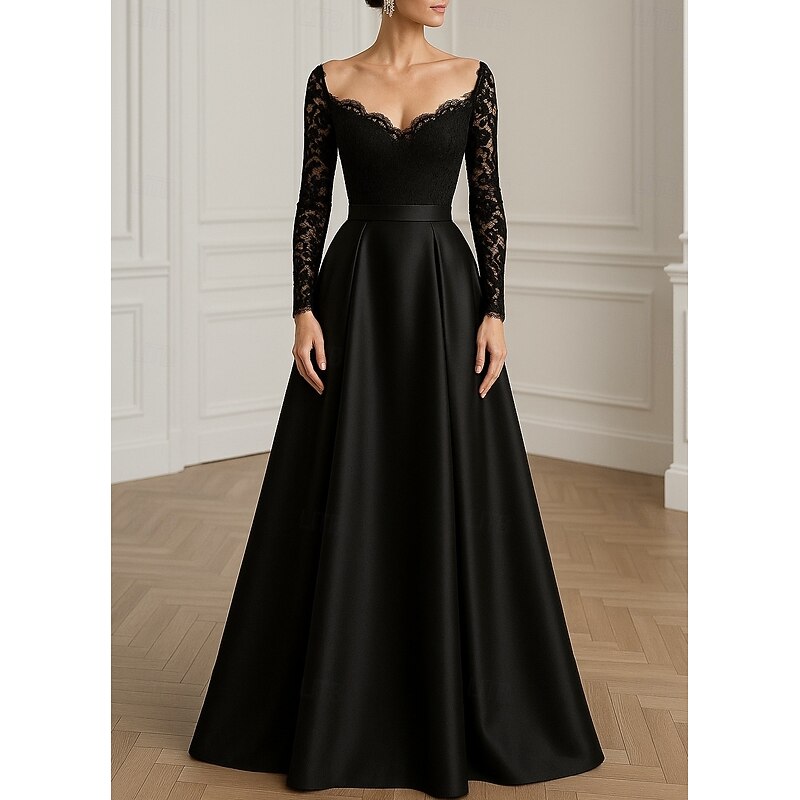 Black A-Line Evening Gown Elegant Formal Dress Formal Wedding Floor Length Long Sleeve V Neck Pocket Satin with Glitter 20254