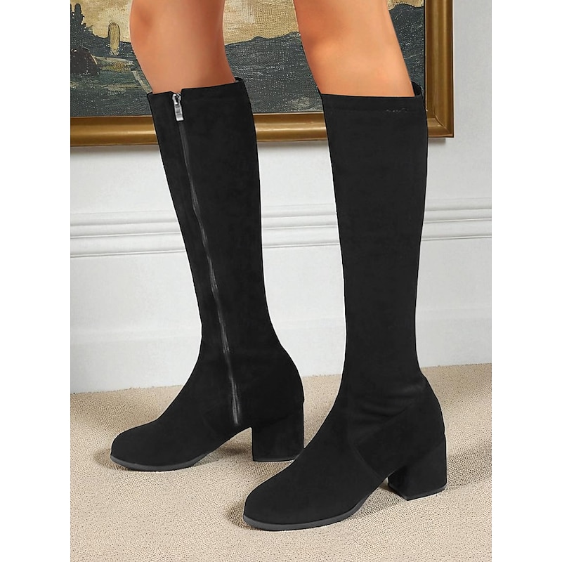 Women's Beige Knee High Faux Suede Block Heel Boots Retro Elegant Winter Fashion Shoes for Daily Wear, Office and Vintage Party Outfits4