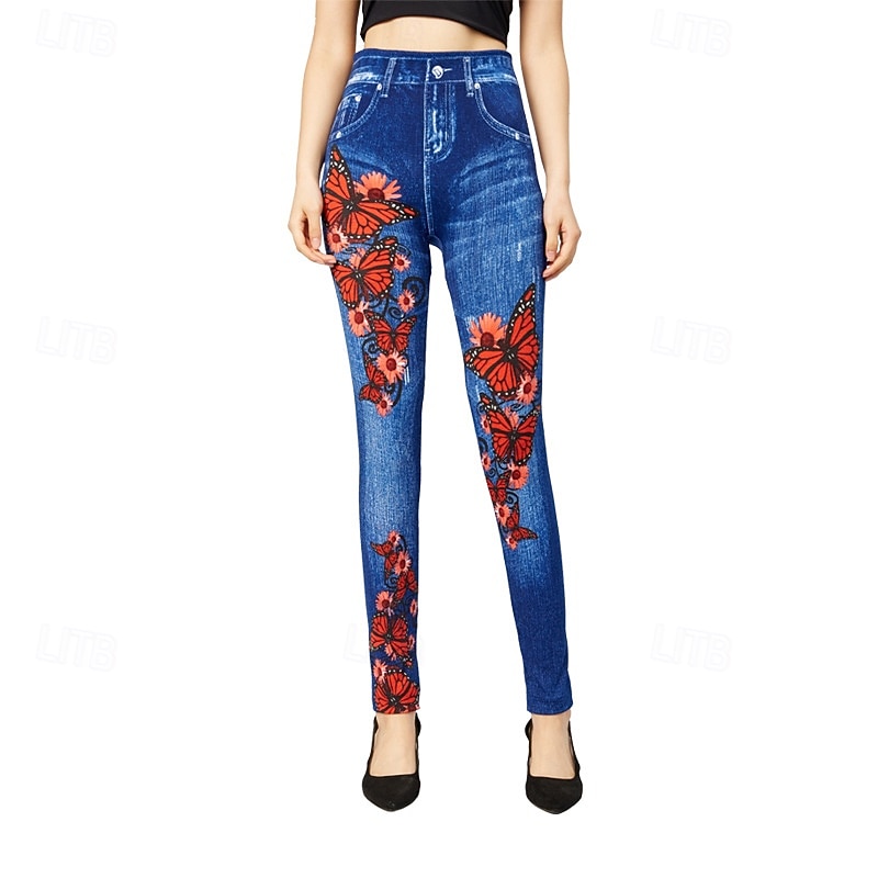 Women's Jeans Chinos Vintage Streetwear Casual Ankle-Length Medium Waist Floral Pocket Elastic Waist Printing Comfortable Stretchy Outdoor Vacation Street Blue Spring Fall Regular Fit2