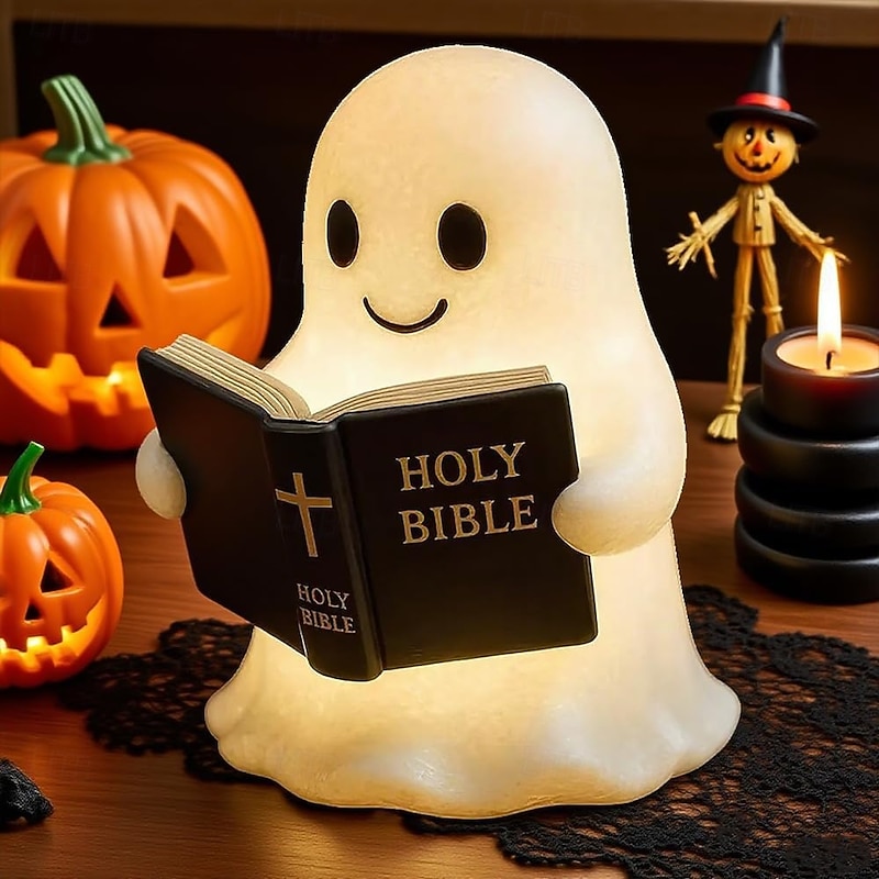 Ghost Bible Lamp Cute 3D Resin Ghost Reading Figurine Night Light with Warm LED Glow Halloween Bedroom Decor Unique Table Lamp Gift for Party Bedroom Shelf Table Decoration3