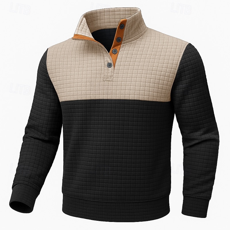 Men's Sweatshirt Waffle Sweatshirt Pullover Hoodie Sweatshirt Pullover Button Up Hoodie Navy Blue Khaki Beige Gray Standing Collar Plain Patchwork Color Block Sports & Outdoor Casual Daily Streetwear3