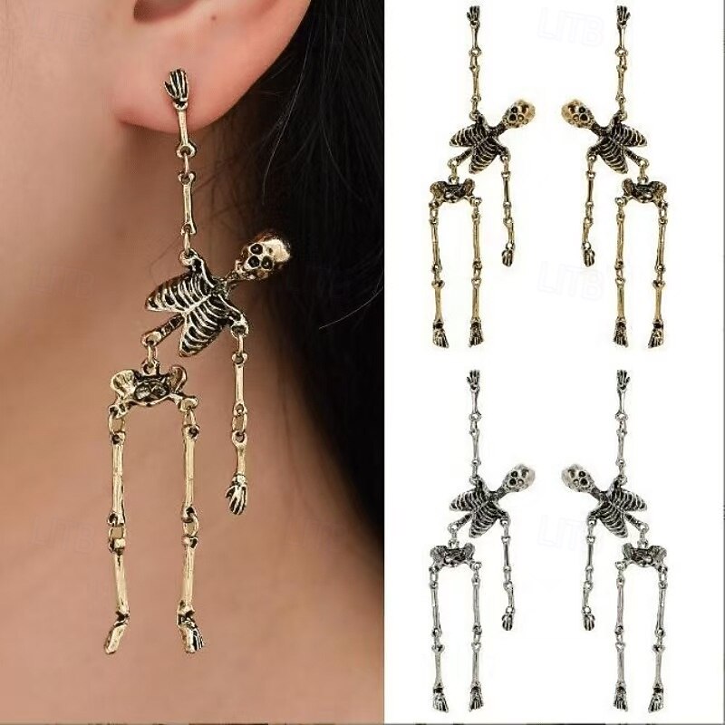 1 Pair Halloween Skeleton Earrings Vintage Bronze Horror Dangle Drop Studs Spooky Skull Earrings Funny Statement Jewelry for Women Girls Party