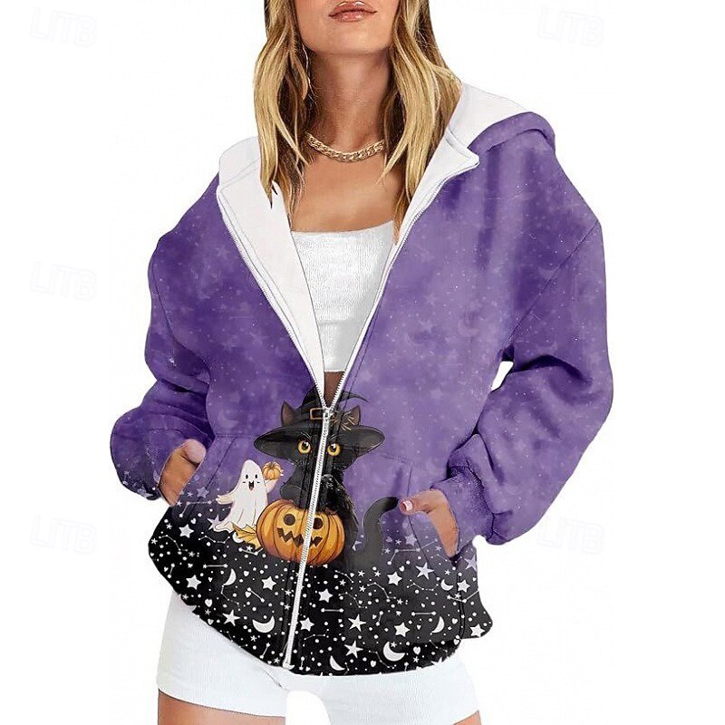 Women's Casual Jacket Hoodie Jacket Warm Comfortable Zipper Pocket Print Fashion Flower Outdoor Going out Zipper Regular Hooded Regular Fit Long Sleeve Outerwear Black Purple Orange Fall Winter3