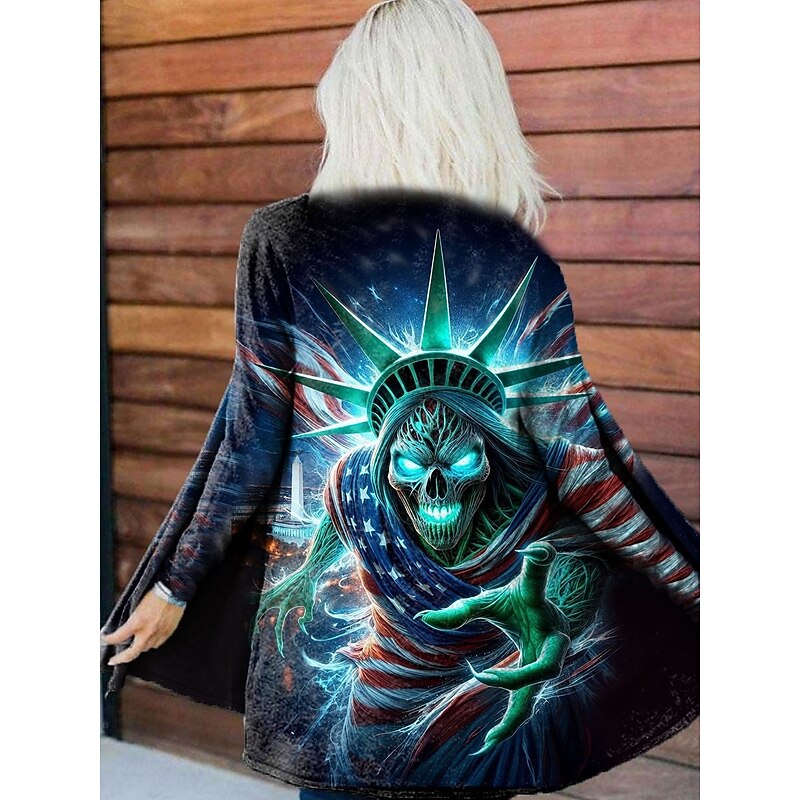 Women's Coat Lightweight Comfortable Print Vintage Artistic Casual Halloween Skull Casual Long Collarless Loose Fit Long Sleeve Outerwear Black Blue Purple Spring Fall3