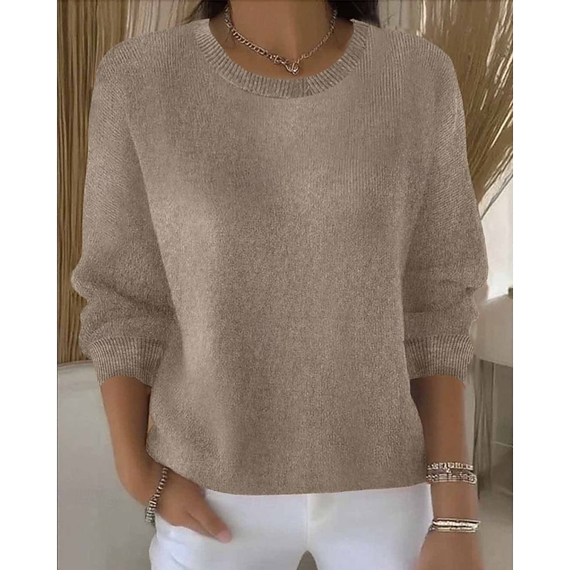 Women's Sweater Fashion Streetwear Casual Solid Color Ribbed Crew Neck Knitted Long Sleeve Regular Tops Knit Outdoor Daily Weekend Black White Fall Winter