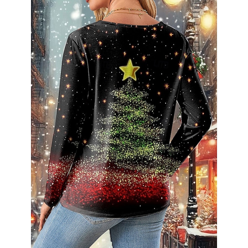 Christmas Women's T Shirt Graphic Christmas Tree Vintage Fashion Stylish Long Sleeve Crew Neck Regular Tops Daily Weekend Print Yellow Pink Red Blue Green Spring Fall Winter2