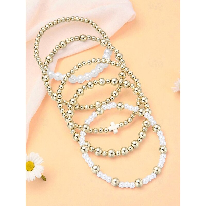 Women's Pearl and Gold Bead Bracelet Set – 6Pcs Stretch Layered Beaded Bangles, Elegant Fashion Jewelry for Parties, Weddings & Daily Wear4