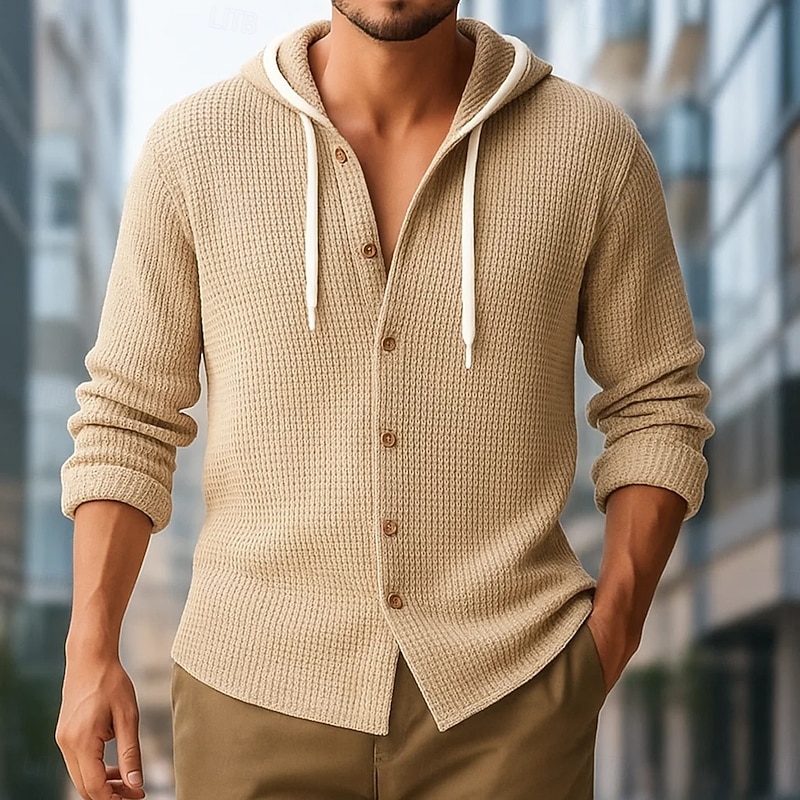 Men's Shirt Waffle Shirt Casual Shirt Button Up Shirt Hoodie White Navy Blue khaki Light Blue Long Sleeve Plain Hooded Vacation Casual Color Block Clothing Apparel Fashion Casual Comfortable