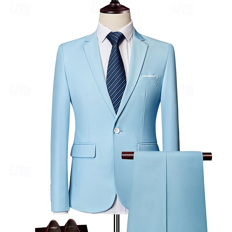 Men's Blazer Suits Business Cocktail Party Wedding Party 2 Piece Fashion Casual Spring Fall Polyester Plain Pocket Buttons Comfortable Single Breasted Blazer Black White Yellow Pink