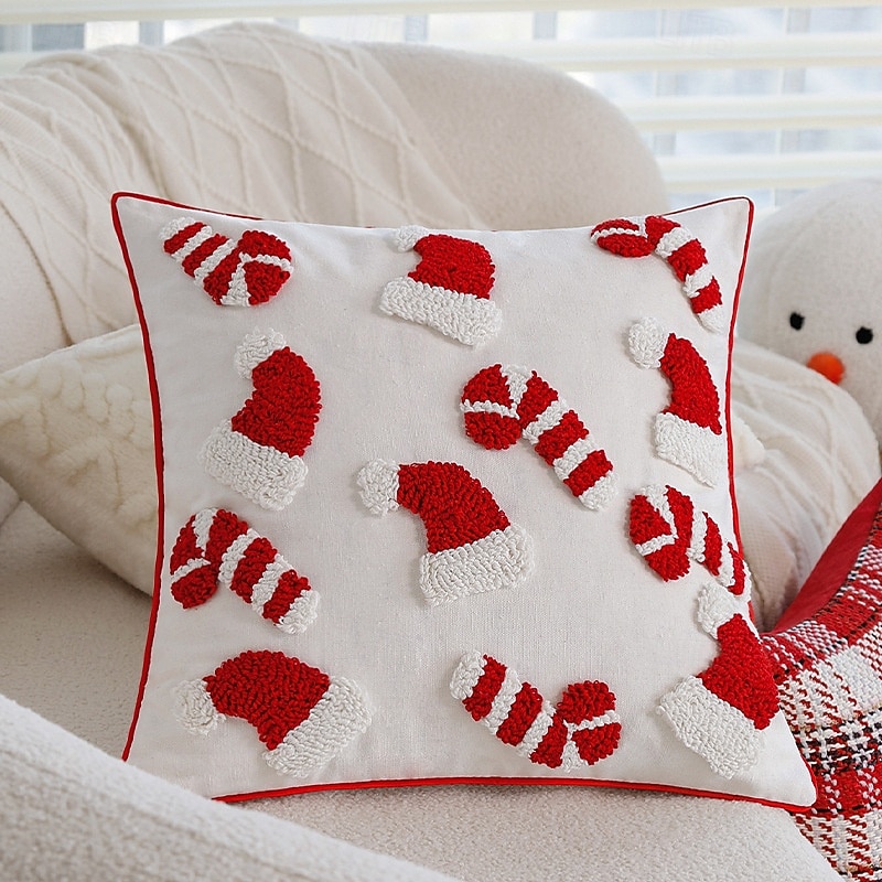Christmas Tufted Pillow Cover, Red Festive Decorative Cushion Case for Sofa, Couch and Living Room Holiday Decor