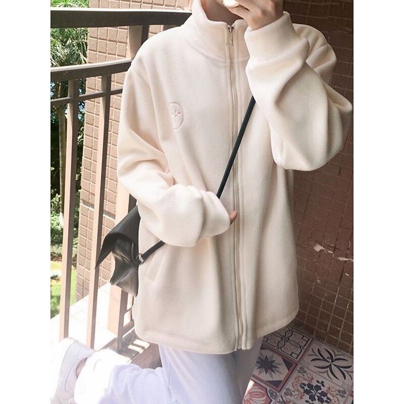 Women's Sherpa Jacket Casual Jacket Comfortable Breathable Zipper Casual Plain Vacation Street Casual Daily Wear Zipper Regular Stand Collar Regular Fit Long Sleeve Outerwear Navy Apricot Spring Fall4