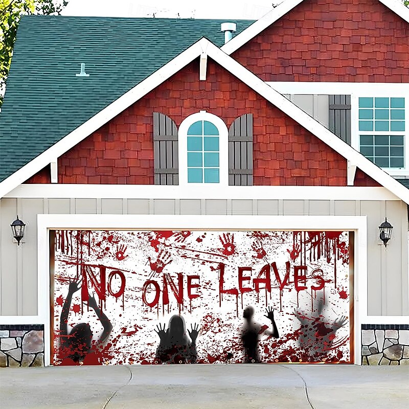 Halloween Garage Door Cover Large Hanging Backdrop Bloodstains Bloody Handprints 3D Dark Punk Gothic Style Party Outdoor Shooting Backgrounds Yard Haunted House Home Decor2