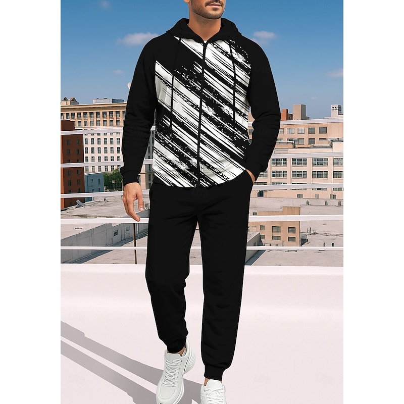 Men's Hoodie Tracksuit Zip Hoodie Drawstring Pockets Geometric Pants Hoodie Sweatshirt Fall Black White Gym Workout Casual Basketball Baggy Long Sleeve Sport Activewear Stretchy Regular Fit3