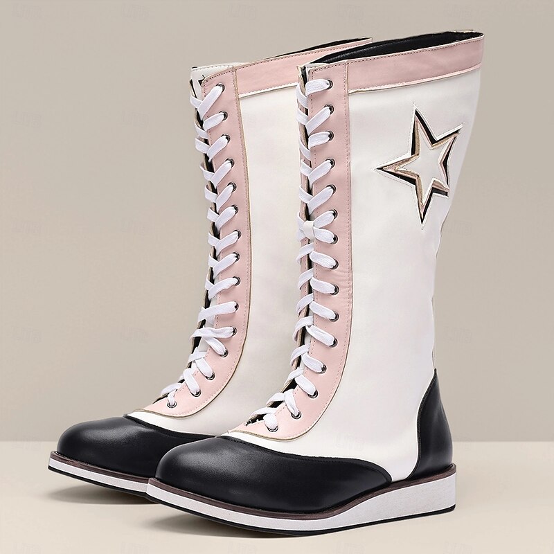 Men's White and Black Tall Lace-Up Cosplay Boots with Pink Star Patch and Contrasting Toe Cap, Unique Costume Style for Performances, Festivals and Themed Parties