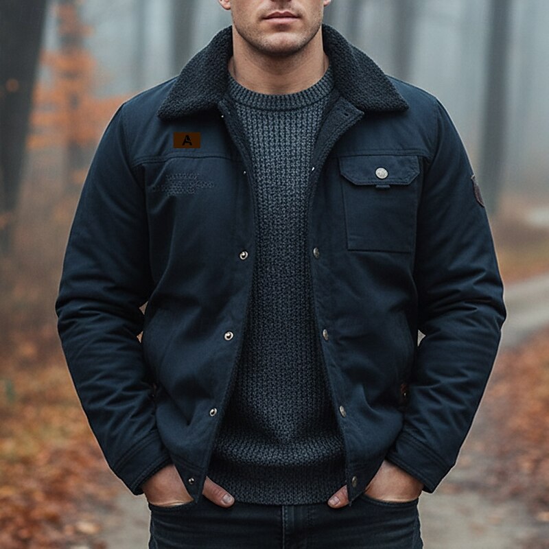 Men's Fleece Jacket Cargo Jacket Sherpa Jacket Thermal Warm Vintage Casual Outdoor Home Multiple Pockets Cotton Jackets Winter Coats Fall Winter Fleece Turn-Down Collar Long Sleeve Dark Blue