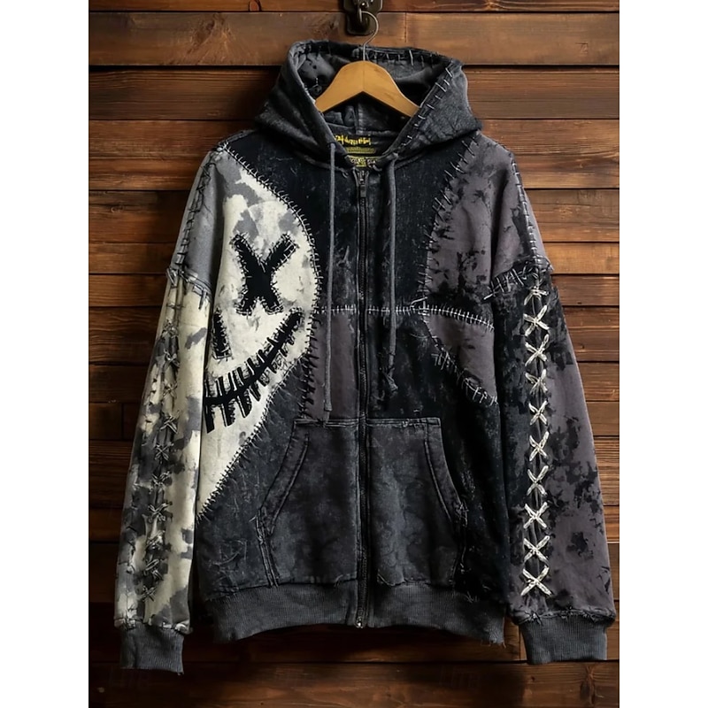 Women's Zip Up Hoodies Graphic Skull Pumpkin Punk Fashion Retro Long Sleeve Hooded Regular Tops Street Dailywear Casual Patchwork Zipper Pocket Black Fall Winter