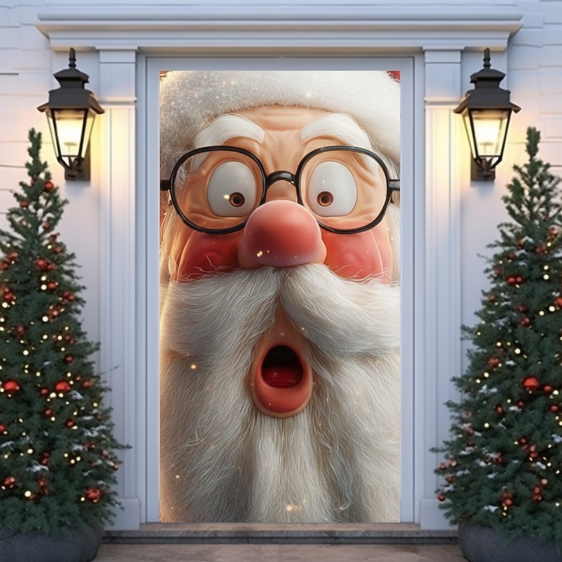Christmas Door Cover Winter Holiday Decoration Drapes with Enlarged Santa Claus Face Print for Home Entryway Living Room Bedroom Indoor Outdoor Wall Hanging Festive Seasonal Home Decor2