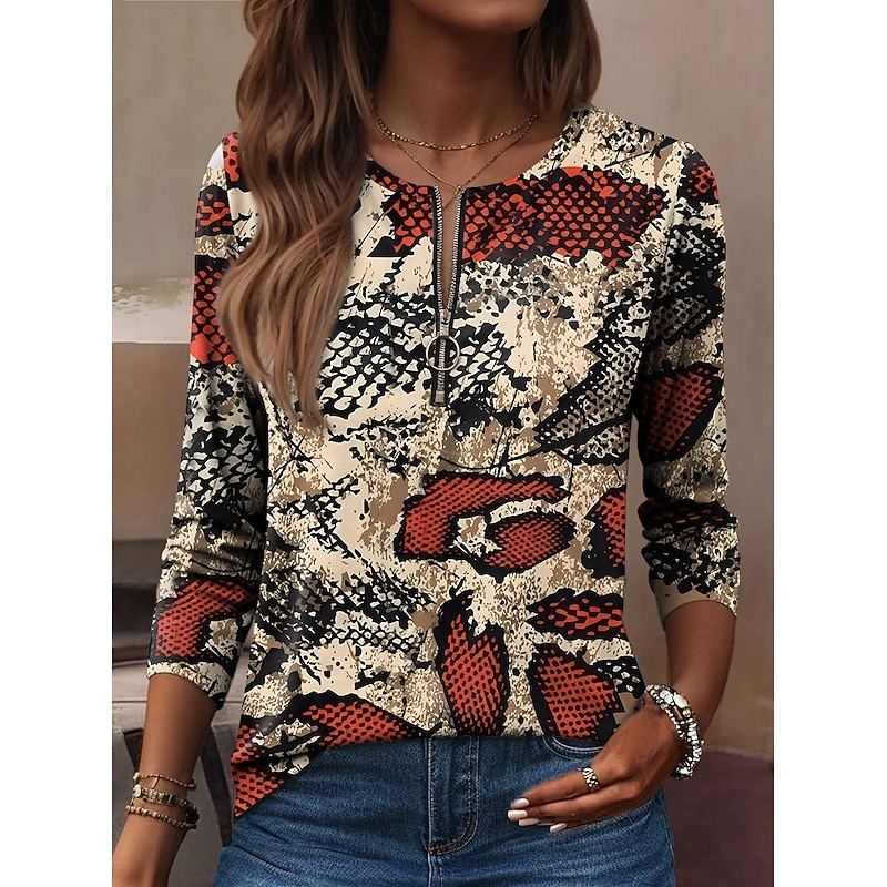 Women's T Shirt Graphic Leopard Fashion Casual Long Sleeve Crew Neck Regular Tops Daily Zipper Print Black Brown Khaki Spring Fall Winter3