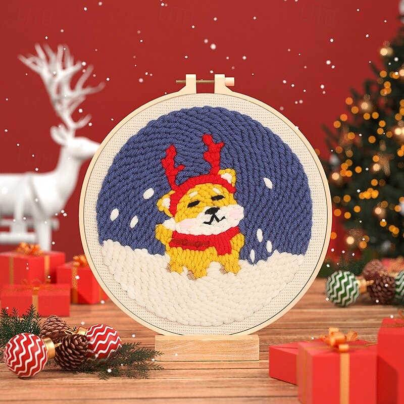 Christmas Embroidery Kits DIY Punch Needle Starter Set Beginner Handcrafted Needlework Kit Holiday Theme Fabric Material Pack Handmade Art Craft Supplies For Home Decoration Gifts2