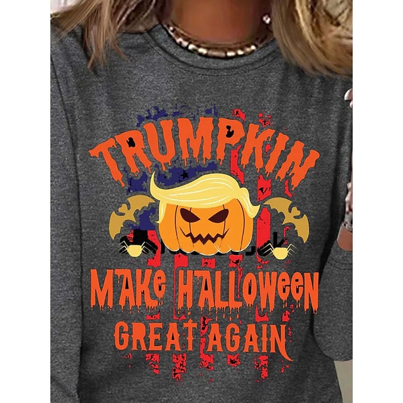 Halloween Women's T shirt Pumpkin Graphic Letter Vintage Fashion Stylish Long Sleeve Crew Neck Round Neck Regular Tops Daily Weekend Print Gray Spring Fall Winter2
