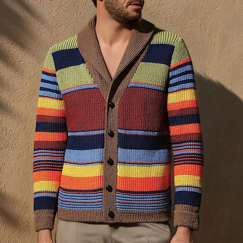 Men's Cardigan Sweater Cropped  Sweater Knit Sweater Ribbed Knit Regular Tops Buttons Stripes Shawl Lapel Fashion Classic Vacation Daily Wear Clothing Apparel Fall Winter Brown M L XL