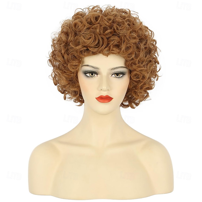 Women's Short Curly Brown Afro Wig 70s 80s Disco Hippie Halloween Cosplay Party Wig