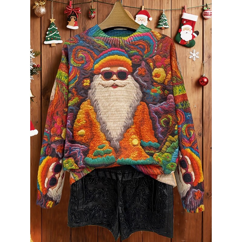 Christmas Women's Sweater Pullover Daily Casual Graphic Santa Claus Ribbed Crew Neck Knitted Print Long Sleeve Regular Tops Knit Outdoor Weekend Orange Fall Winter